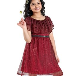 Hola Bonita Layered Short Pleated Sleeves Shimmered Party Frock - Red-image-8