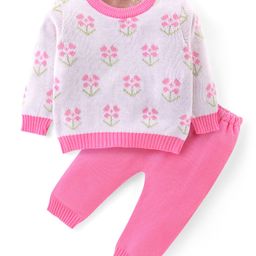 Babyhug Knitted Full Sleeves Pullover Sweater & Pant Set With Floral Design - White & Pink-image-121