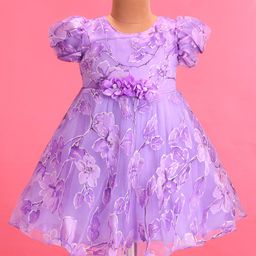 Babyhug Woven Puffed Sleeves Floral Printed Fit & Flared Party Frock with Applique - Purple-image-34