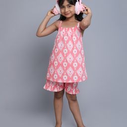Little Clothing Cotton Woven Sleeveless Geometric  Printed Coordinating Top With Shorts - Pink-image-50