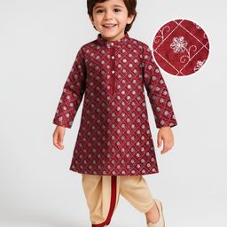 Babyhug Woven Full Sleeves Sequenced Embroidered Dhoti Kurta Set - Maroon-image-7