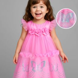 Babyhug Woven Frill Sleeves A Line Party Frock with Butterfly Embroidery & Floral Applique - Pink-image-73
