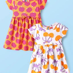 Babyhug Single Jersey Knit Half Sleeves Frocks With Fruit Print & Bow Applique Pack of 2 - Orange & White-picture-22
