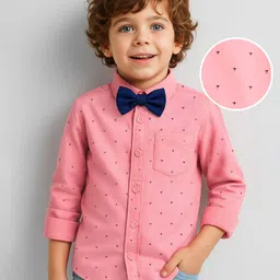 Babyhug Woven Full Sleeves Trophy Printed Party Shirt with Bow - Light Red-picture-9