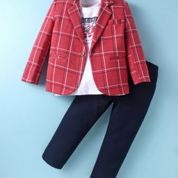 Rikidoos Full Sleeves Checked Blazer With Typography Printed Tee & Pant - Maroon & Navy Blue-image-48