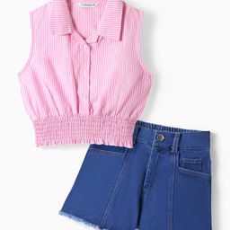 OLLINGTON ST. Poplin Woven Sleeveless Top & Denim Shorts- Pink & Indigo-image-8