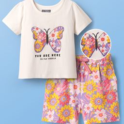 Pine Kids Single Jersey Knit Half Sleeves Shorts Night Suit With Butterfly & Floral Print - White & Purple-image-127