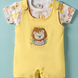 ToffyHouse Cotton Woven Half Sleeves T-Shirt & Dungaree Style Romper With Animal Embroidery & Patch - White & Yellow-image-11