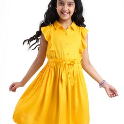 Pine Kids Rayon Woven Frill Sleeves Solid Color Collared Frock - Yellow-picture-19