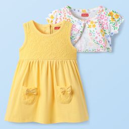 Babyhug Cotton Knit Frock & Half Sleeves Shrug With Floral Print & Bow Applique - Yellow-image-51
