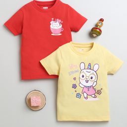 BUMZEE Cotton Knit Half Sleeves Tops with Animal Print Pack Of 2 - Yellow & Red-image-41