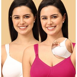 The Mom Store Cotton Elastane Pack Of 2 Sleeveless Solid Nursing & Feeding Non Padded Bra - White & Fuchsia-image-78