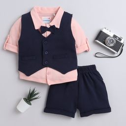 BUMZEE Interlock Knit Full Sleeves 3 Piece Party Suit With Attached Bow - Navy Blue & Peach-image-97