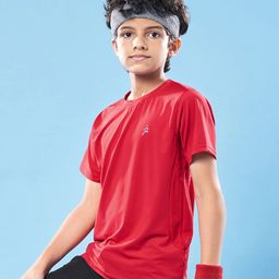 Pine Active Knit Half Sleeves High Stretch Skin Friendly Cut & Sew Solid Color T-Shirt - Red-image-13