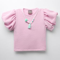 Little Kangaroos Knitted Half Puffed Sleeves Solid Color Textured Top with Necklace - Pink-image-73