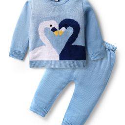 Babyhug Acrylic Knitted Full Sleeves Sweater Set With Swan Design - Light Blue-image-8