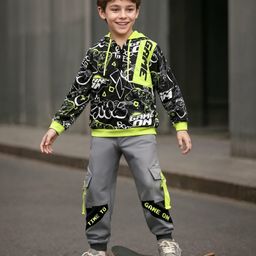 OLLINGTON ST. Cotton Knit Text Print Full Sleeves Hoodie & Knit Joggers - Multicolor & Grey-picture-14