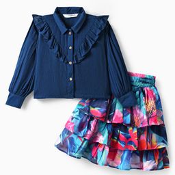 OLLINGTON ST. Crinkled Crepe Full Sleeves Top & Printed Georgette Skirt Set - Blue-image-76