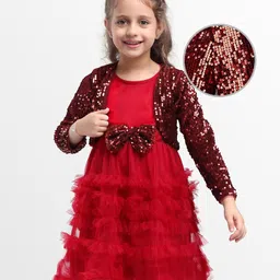 Hola Bonita Knit Glitter Mesh Party Dress With Full Sleeves Velvet Sequinned Shrug & Bow Applique - Red-picture-46
