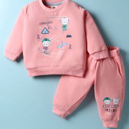 Zero Fleece Knit Full Sleeves Winter Sweatshirt & Lounge Pant Set with Animal Print - Peach-picture-36