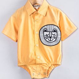Hugsntugs Cotton Woven Half Sleeves Baby Lion Embroidered Onesie - Yellow-image-19