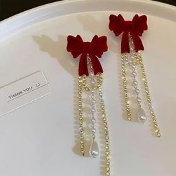 CIKIT Artificial Stones Studded And Beaded Tasselled Bow Shaped Drop Earrings-image-81