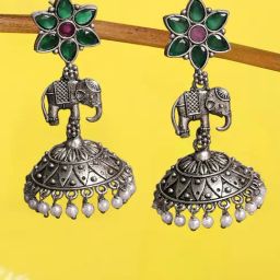 OOMPH Jewellery Oxidized Silver Green & Red Elephant Design Ethnic Jhumki-0