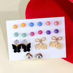PRIVIU Set of 9 Stone Studded Circular Shaped Studs-9