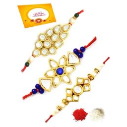 Karatcart Gold-Plated Kundan Rakhi with Roli Chawal & Greeting Card for Brother - Set of 3-image-36