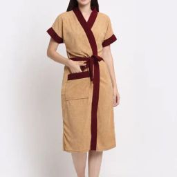 Creeva Everyday Camel & Wine 225 GSM Micro Terry Bathrobe with Front Pocket & Kimono Collar-59