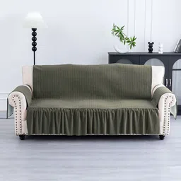 Kuber Industries Green Self Design 3-Seater Velvet Sofa Cover With Arms-76