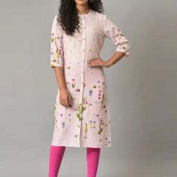 W Pink Floral Print Straight Kurta-image-90