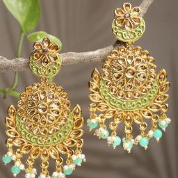Karatcart Gold Plated Lime Green Beads Kundan Studded Dangler Earrings for Women-36