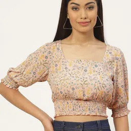 Moda Rapido Floral Print Puff Sleeve Smocked Georgette Blouson Crop Top-49