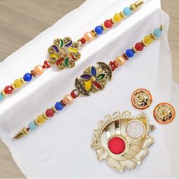 MEIRA JEWELLERY Set Of 2 Stone-Studded & Beaded Rakhi With Greeting Card Gift Set-image-79