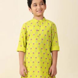Fabindia Kids Lime Green Printed Full Sleeves Kurta-image-94