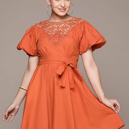 Label Ritu Kumar Floral Embroidered Flared Sleeve Satin A-Line Mini Dress & Camisole-picture-13