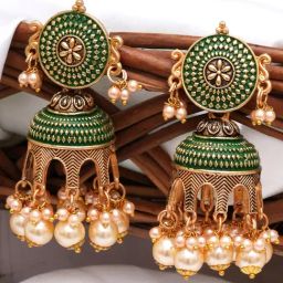 Karatcart Antique Gold-Plated Green Tomb Style Jhumki Earrings with Golden Pearl for Women-8