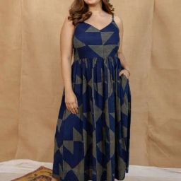 The Indian Ethnic Co Indigo A-Line Ajrakh Handblock Printed Cotton Dress with V Neck & Sleeveless-image-4