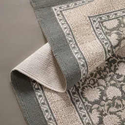 Peepul Tree Charcoal colored & White Pure Cotton Block Printed Bedside Runner-image-0