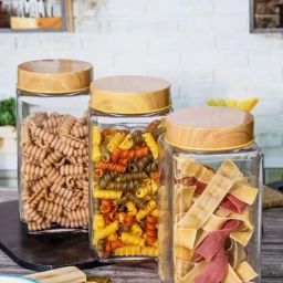 White Gold Transparent & Brown Glass Airtight Canister Jars With Bamboo Lid (1 L) - Set of 3-image-38