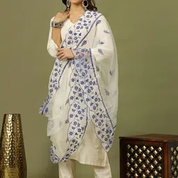 Sangria Floral Embroidered Mirror Work Organza Dupatta-14