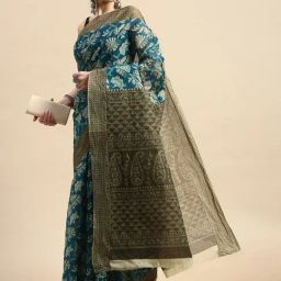 SHANVIKA Blue & Green Cotton Printed Saree Without Blouse-picture-16