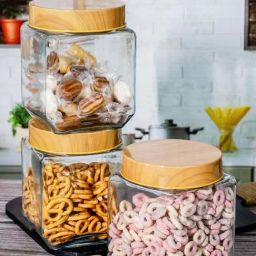 White Gold Transparent & Brown Glass Airtight Canister Jars With Bamboo Lid (1.2 L) - Set of 3-18