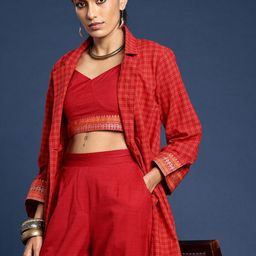 Taavi Woven Festive Shoulder Straps Crop Top With Trousers & Jacket Co-Ords-36
