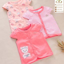 Babyoye Short Sleeves Cotton Vests Teddy Bear And Stripe Print Pack Of 3 - Pink-image-21