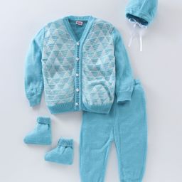Babyhug Full Sleeves Sweater Set With Cap Color Block- Blue-picture-7