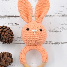 Love Crochet Art Beech Wood Bunny Shape Rattle Teether - Peach-4