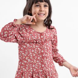 Babyhug Full Sleeves Rayon Top With Floral Print And Frill Detailing- Brown-image-59