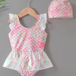 Kookie Kids Sleeveless V Cut Swimsuit With Cap Scales Print - Pink-image-71